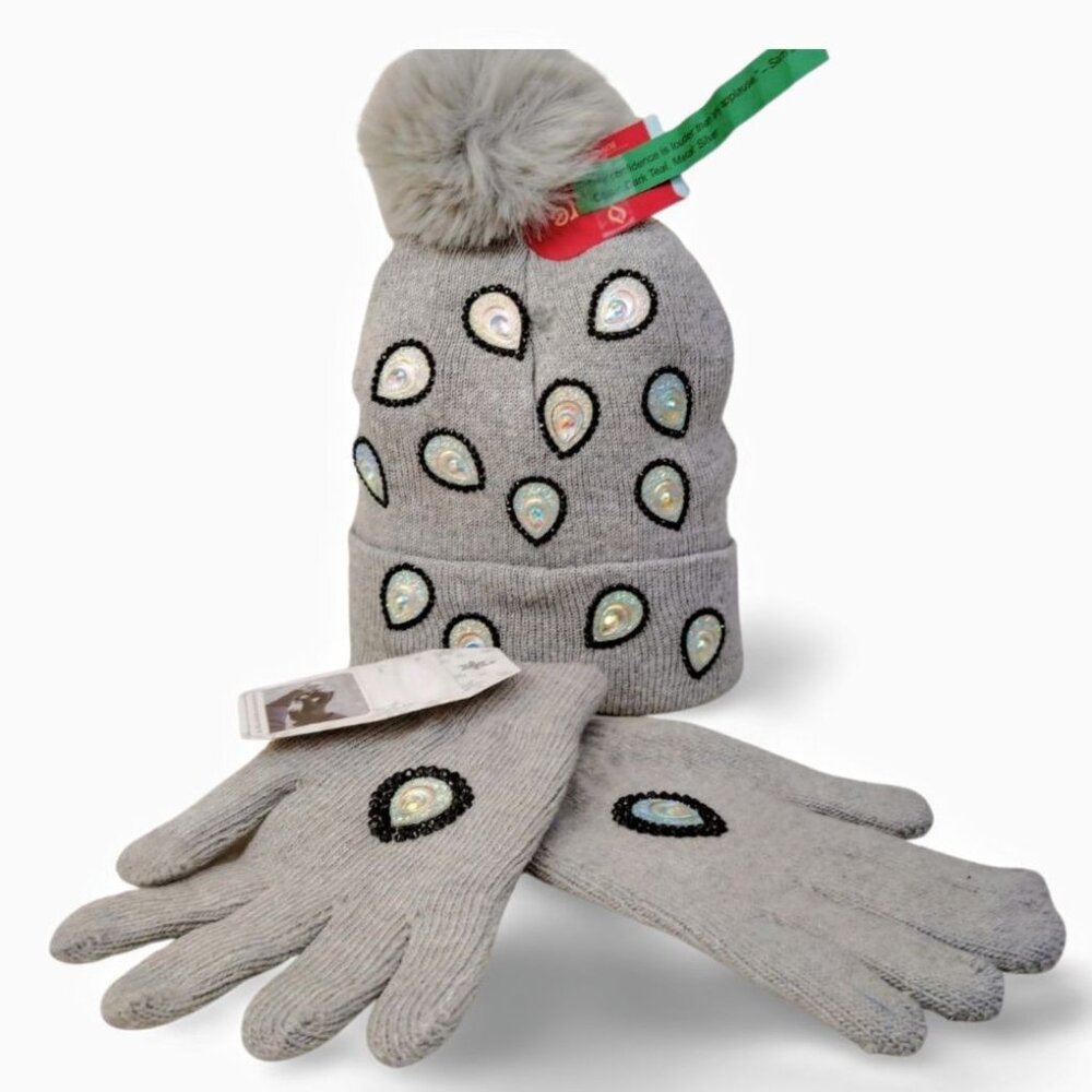 Radiant Grey Knit Iridescent Drop Crystal Embellished Beanie & Glove Set TT1549